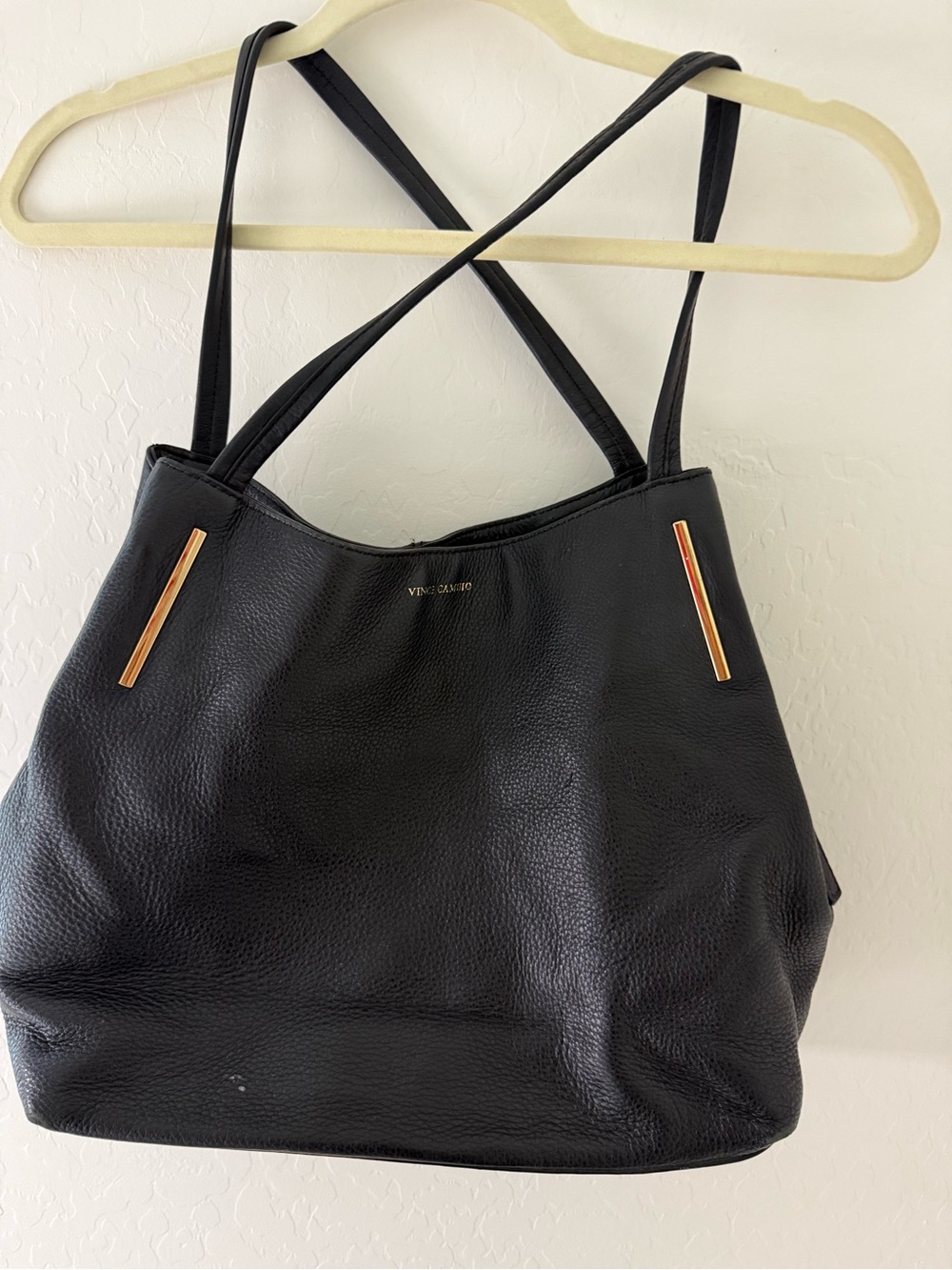 Vince Camuto Black Leather Shoulder Tote with Gold Bars